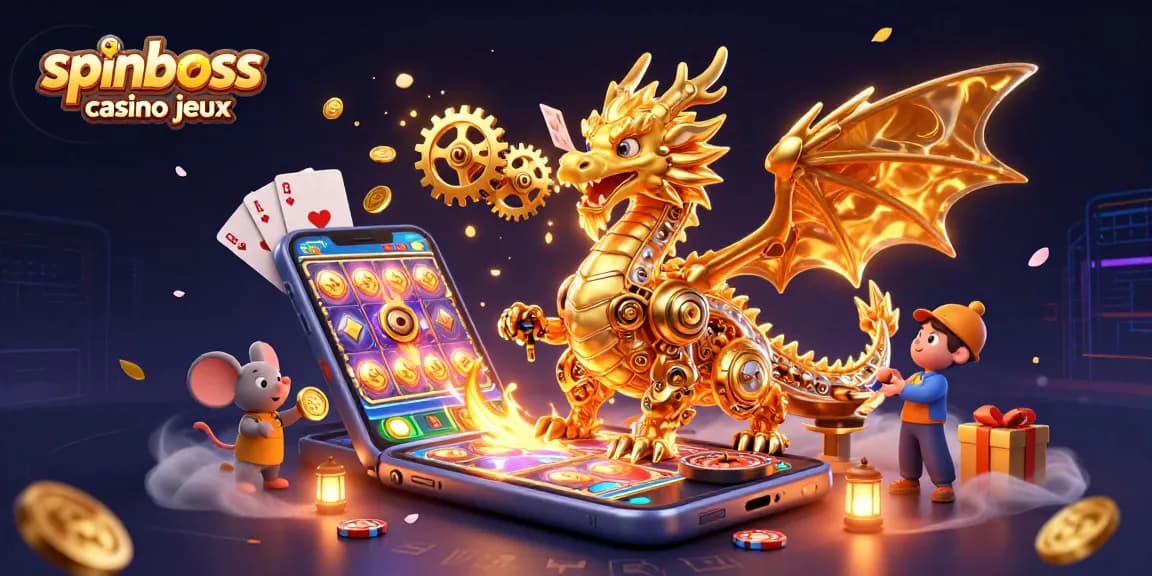 Plongez dans l'univers captivant des jeux SpinBoss casino avec notre dragon doré, les machines à sous scintillantes et plus encore.