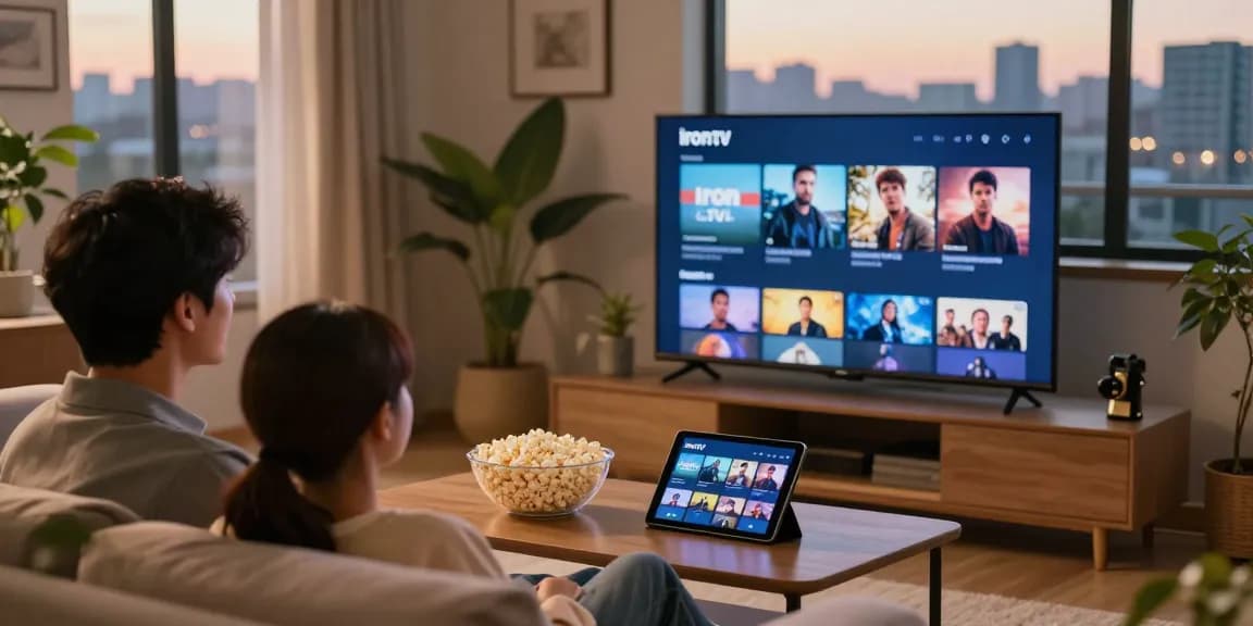 Vision de détente avec Iron TV sur un grand écran, couple sur un canapé avec du pop-corn.