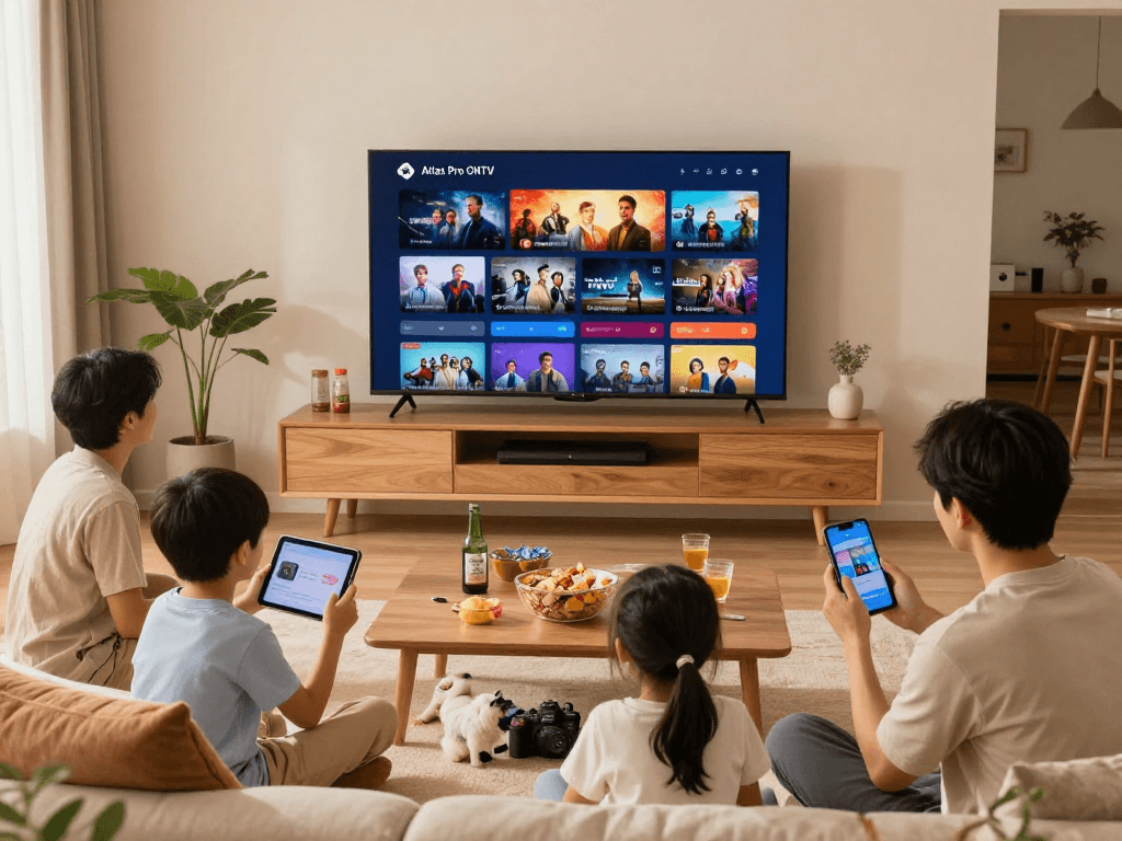 Installation d'Atlas Pro 2026 sur Smart TV en famille dans un salon moderne.
