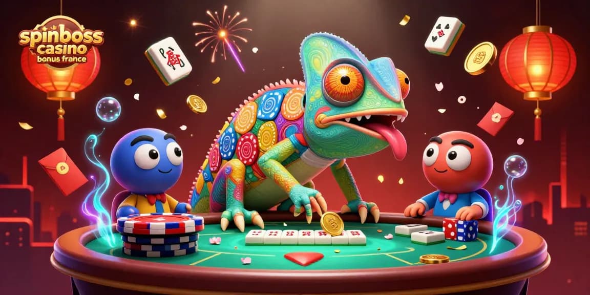 Découvrez le bonus SpinBoss Casino France avec un caméléon chanceux et des éléments brillants autour.