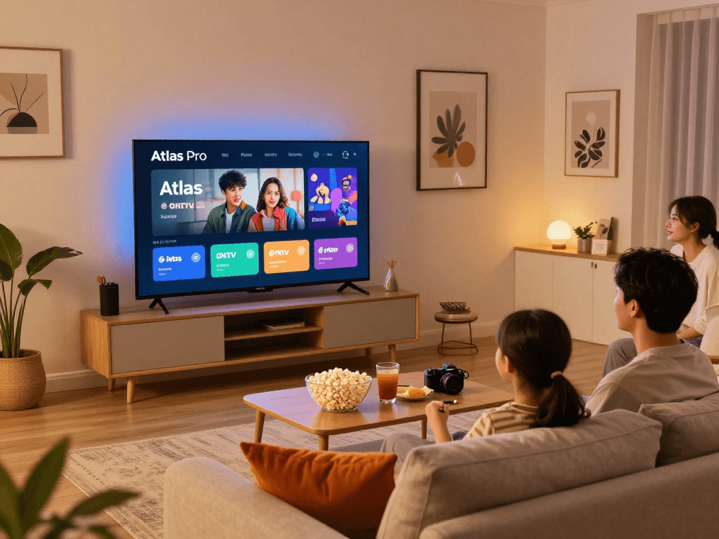 Visionnage de la télévision avec Atlas pro ontv dans un salon moderne et accueillant.