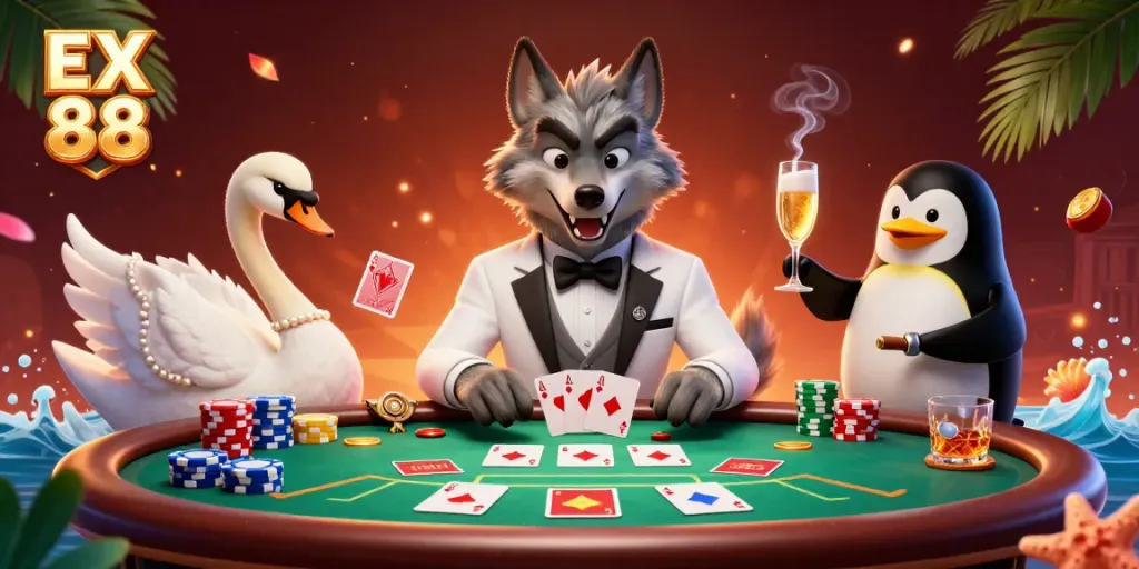 Experience high-stakes excitement at EX 88 with a lively baccarat scene featuring whimsical characters.