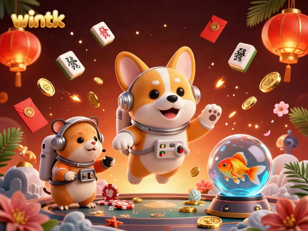 Engage with Wintk in a vibrant casino scene featuring animated characters amongst floating gaming elements.