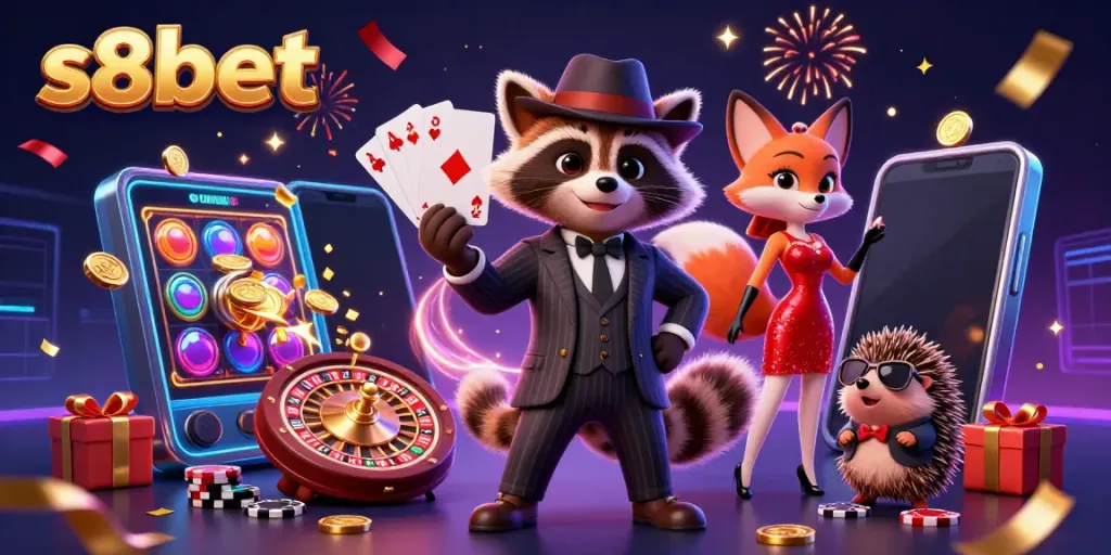 Sparkling casino scene with s8bet, featuring raccoon, fox, and hedgehog characters amidst slot games and poker.