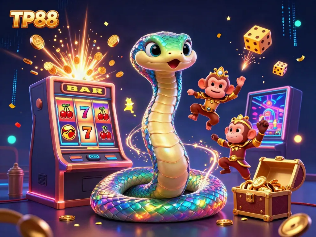 Experience the vibrant energy of TP88 with a rainbow serpent and monkey king amidst exploding casino jackpots.