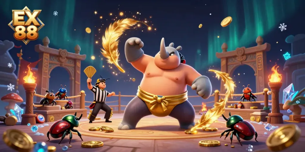 Engage with EX 88's vibrant 3D sumo showdown, where beetles battle for coins and glory!