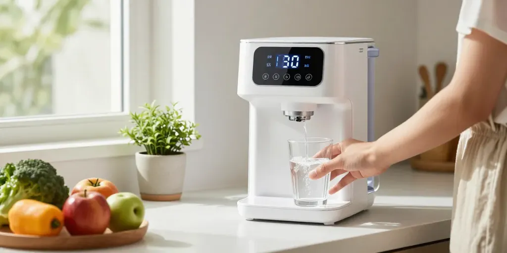 Filtration par osmose inverse moderne dans une cuisine, verre se remplissant d'eau purifiée.