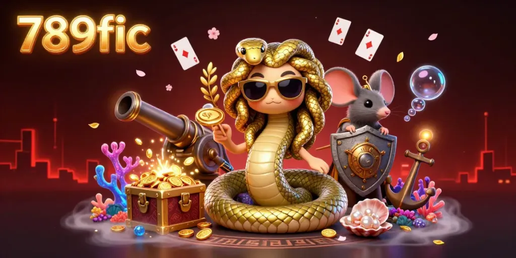 Experience lively 789fic games with a captivating 3D scene featuring Medusa and a warrior mouse amid rich casino elements.