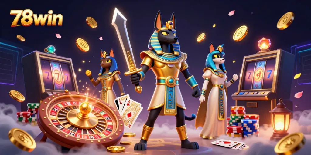 Engage with 78win's lively gaming scene featuring ancient Egyptian characters amidst vibrant casino elements.
