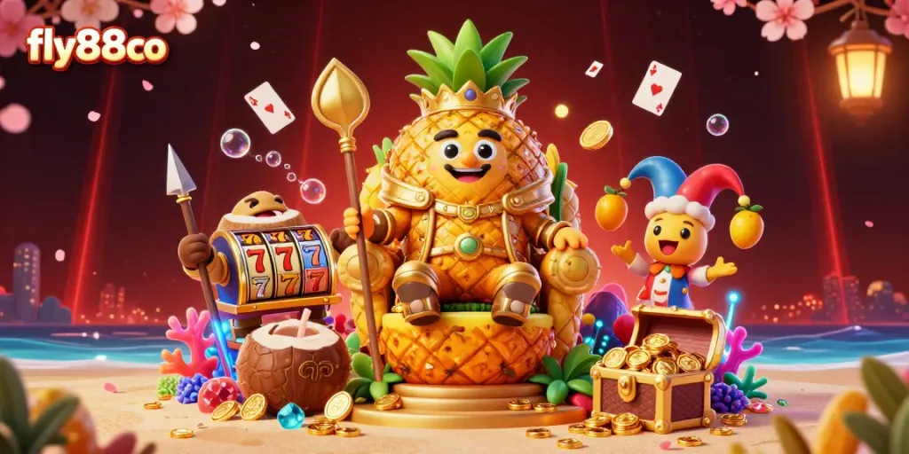 Experience the vibrant beach casino scene featuring the fly88co golden pineapple king, surrounded by lively casino elements and animated action.