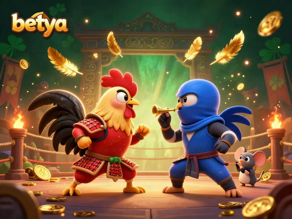 Bettors enjoy a thrilling fight at Betya, featuring samurai and ninja roosters amidst golden casino elements.
