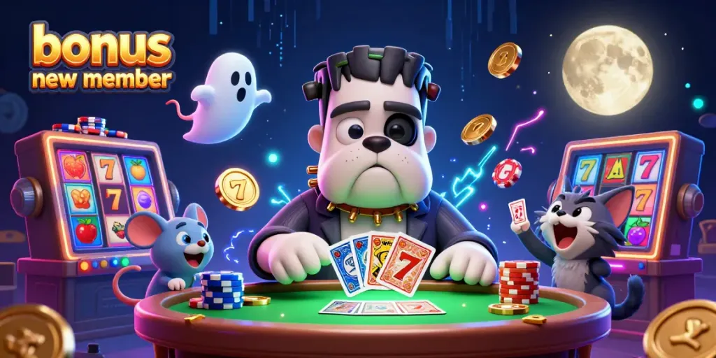 Engage with the bonus new member promotion at the casino with lively 3D illustration featuring a cartoon bulldog dealer and exciting slot elements.