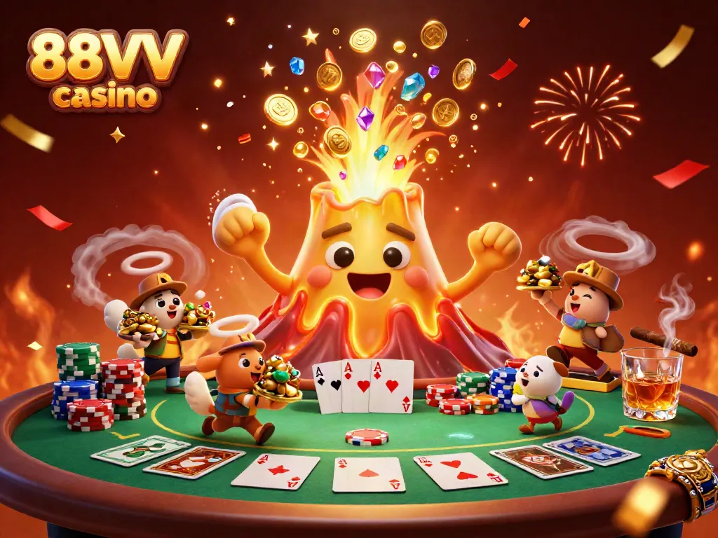 Celebrate wins at 88VV casino with a vibrant scene of a golden volcano erupting treasures and poker excitement.