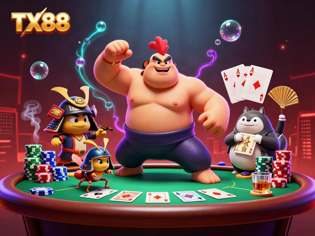 Experience thrilling gameplay with TX88 at a vibrant casino table featuring engaging characters and exciting elements.