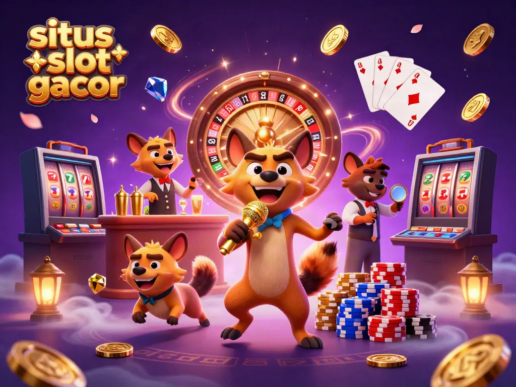 Experience laughter and luck at 'situs slot gacor' with hyenas in a vibrant casino scene.