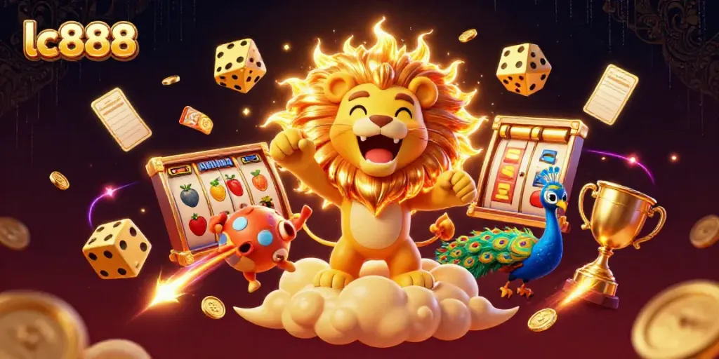 Action-packed lc888 casino scene with a roaring lion and dramatic gold elements.