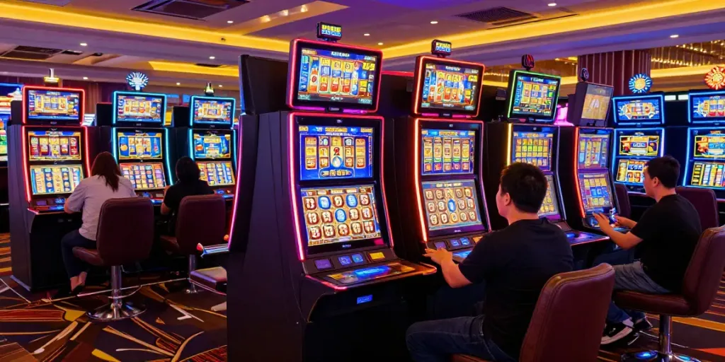 Atmosphère dynamique au i24Slots Casino avec des joueurs profitant des machines à sous.