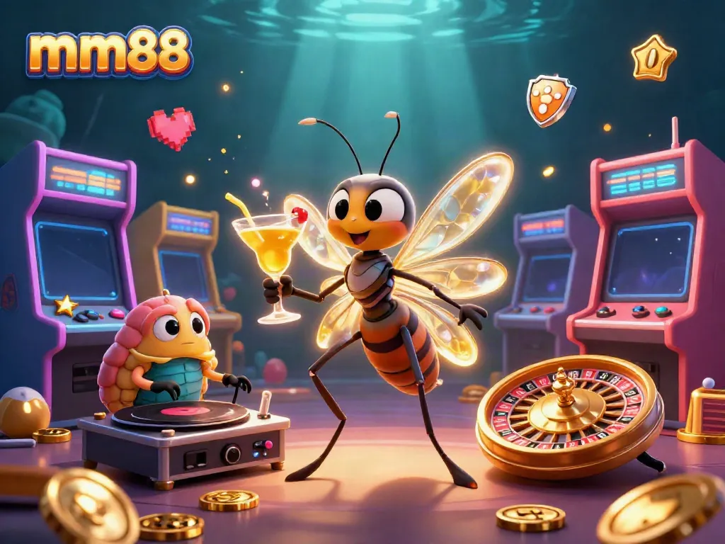 Engage in fun gameplay with mm88 casino characters at vibrant arcade-inspired scene