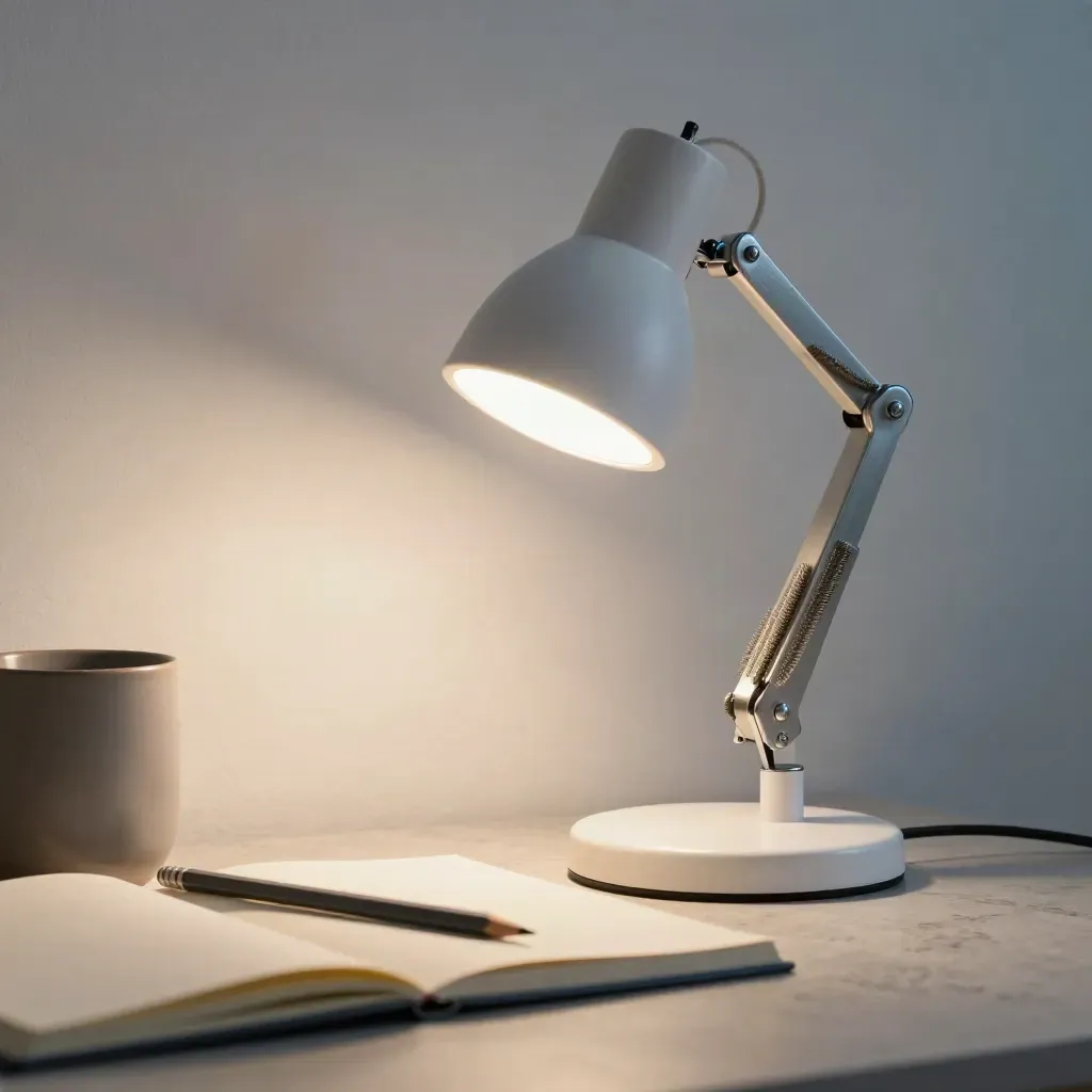 Lampe de bureau LED pliable avec carnet, crayon et tasse sur pierre claire.