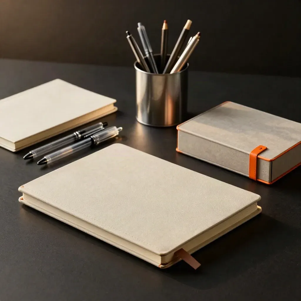 Kit de rentrée de bureau avec cahiers, stylos, pot à crayons et boîte de rangement sur fond sombre.