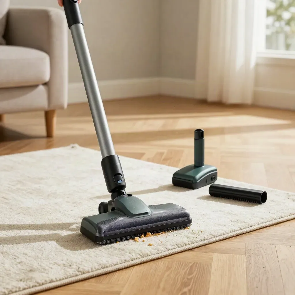 Aspirateur balai noir graphite sur parquet clair, poussière enlevée, lumière dorée d’après la pluie.