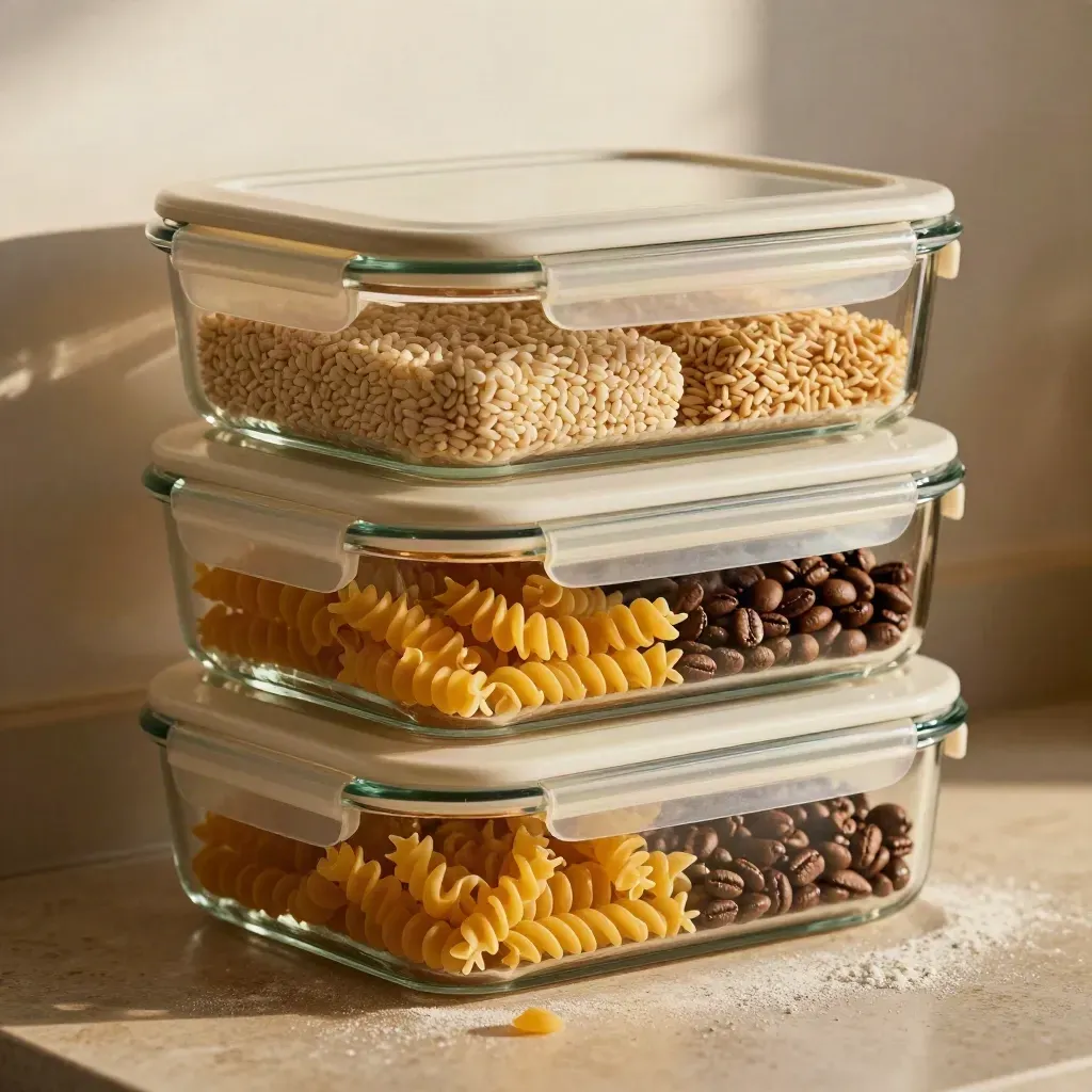Boîtes de rangement en verre empilées avec pâtes, riz et café sur un plan de travail.