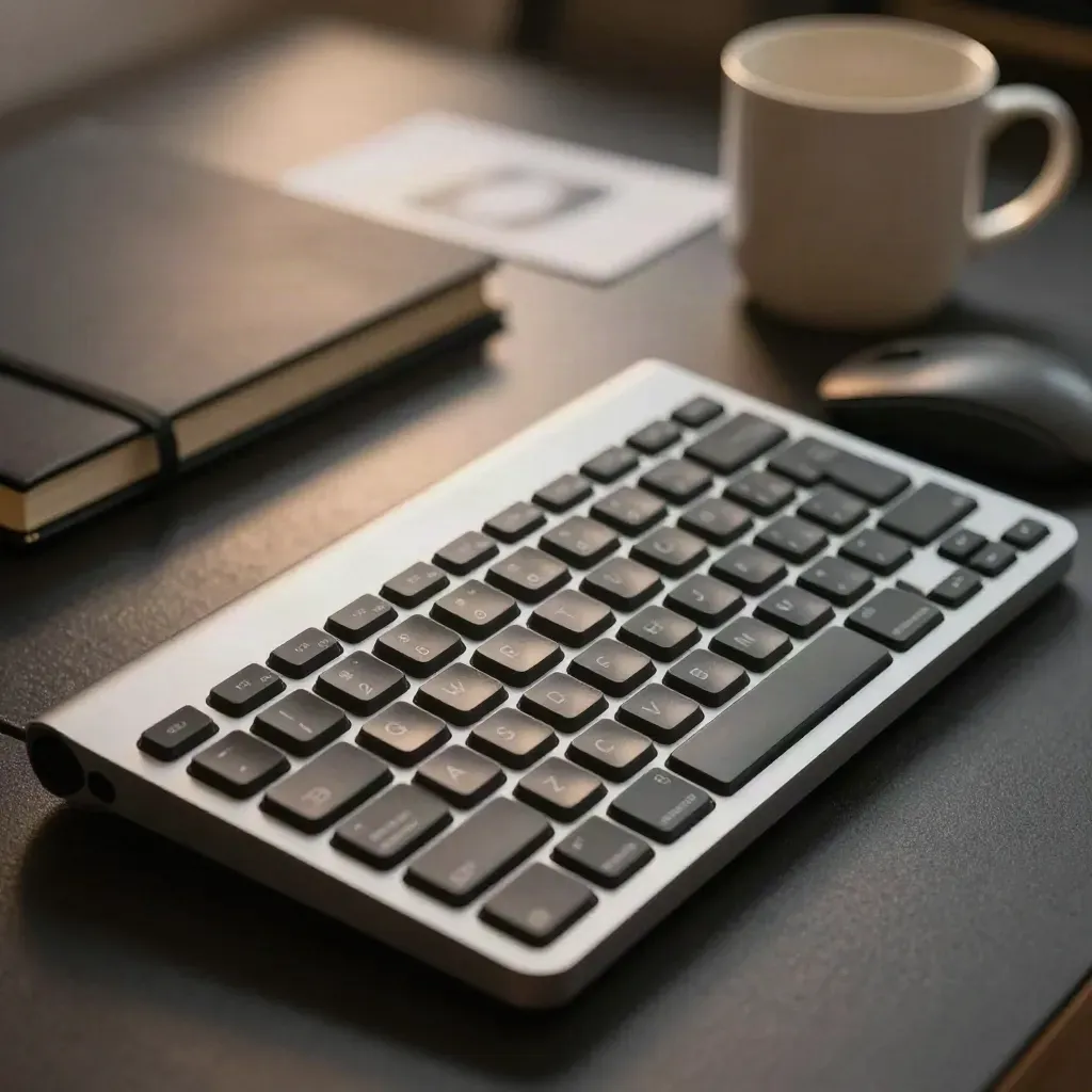 Clavier sans fil, souris compacte, carnet fermé et mug vide sur fond sombre.