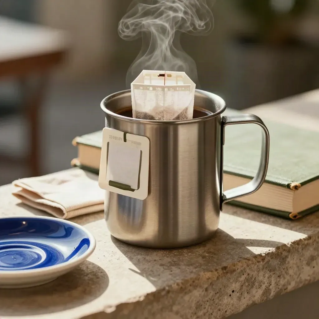 Mug isotherme en inox avec sachet de thé, serviette et livre sur une table café.