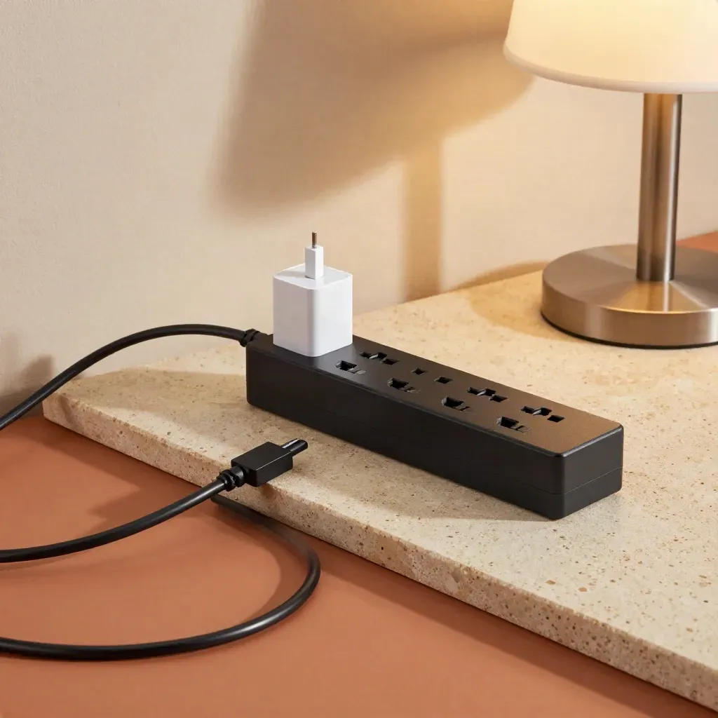 Multiprise noire avec câble en S, chargeur USB et lampe de chevet sur pierre.