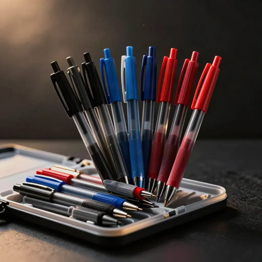 Lot de 12 stylos gel ouverts en éventail sur fond noir, noirs, bleus et rouges