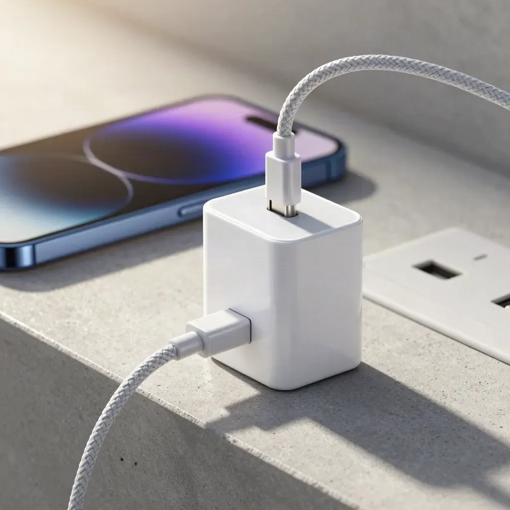 Chargeur USB-C blanc en charge, câble tressé et smartphone flou sur fond clair.