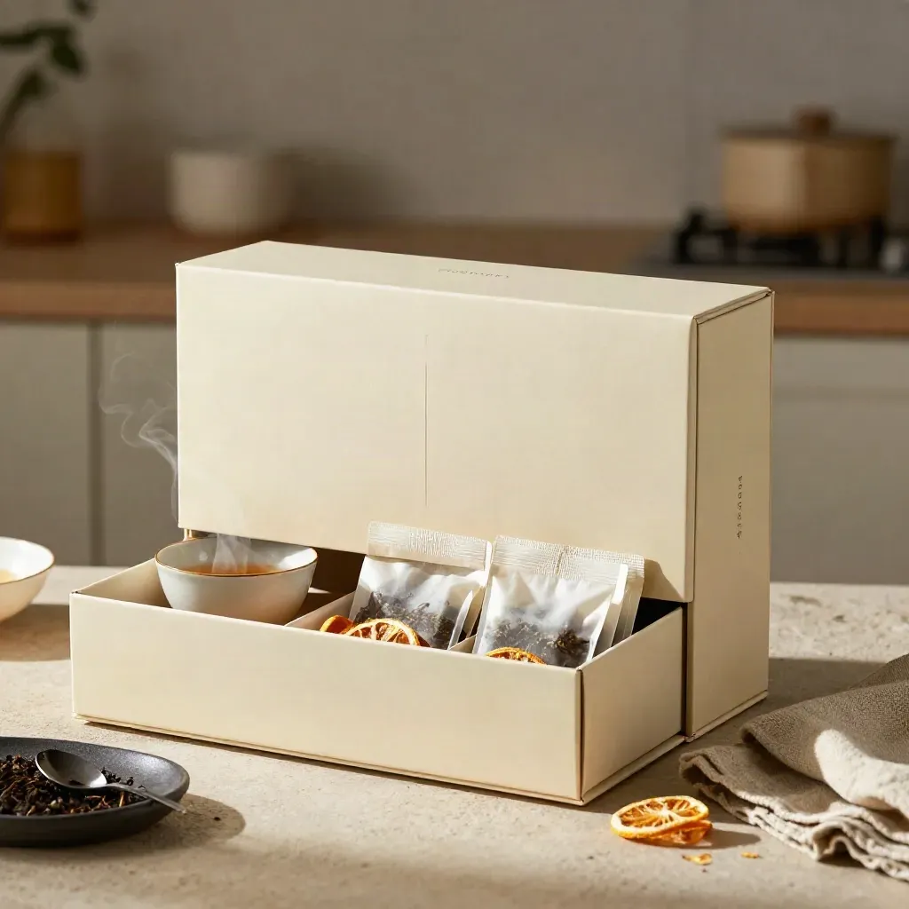 Calendrier de l’Avent thé crème, tasse fumante et sachets sur pierre claire.