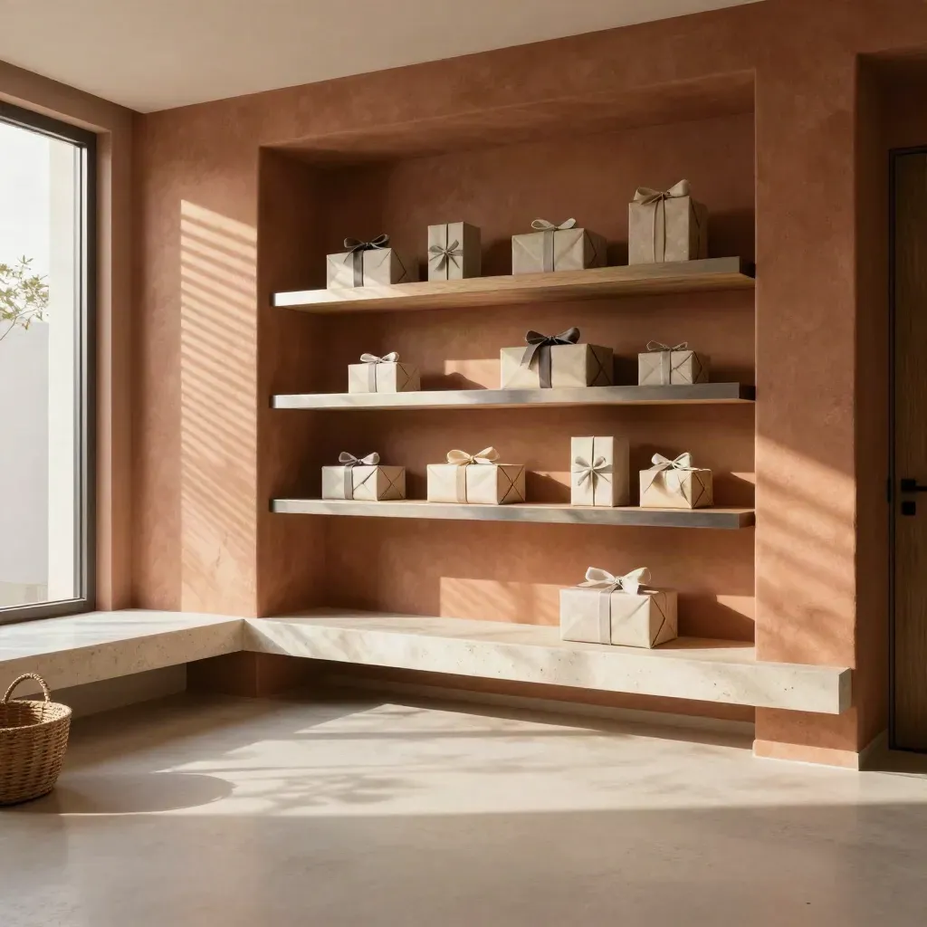 Entrée moderne avec colis cadeaux neutres, lumière d’après-midi et sol calme.