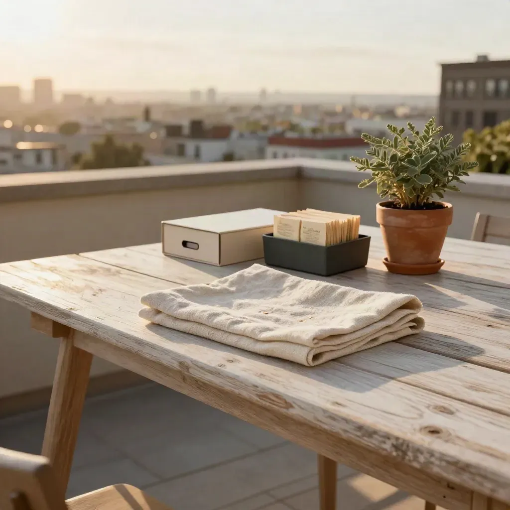 Terrasse urbaine dorée avec table en bois, plantes en pot et zone basse calme pour la copie.