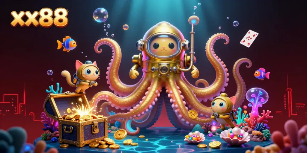 Engage with vibrant action at xx88 as the colossal kraken and diving cat discover underwater treasures in a thrilling casino-themed illustration.