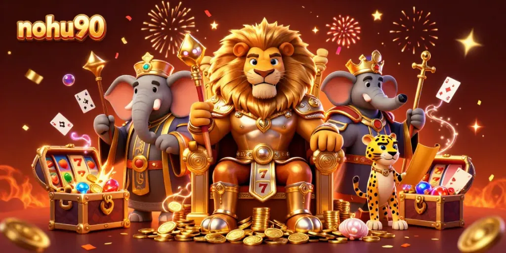 Nohu90's lion king throne scene celebrating winning casino jackpots