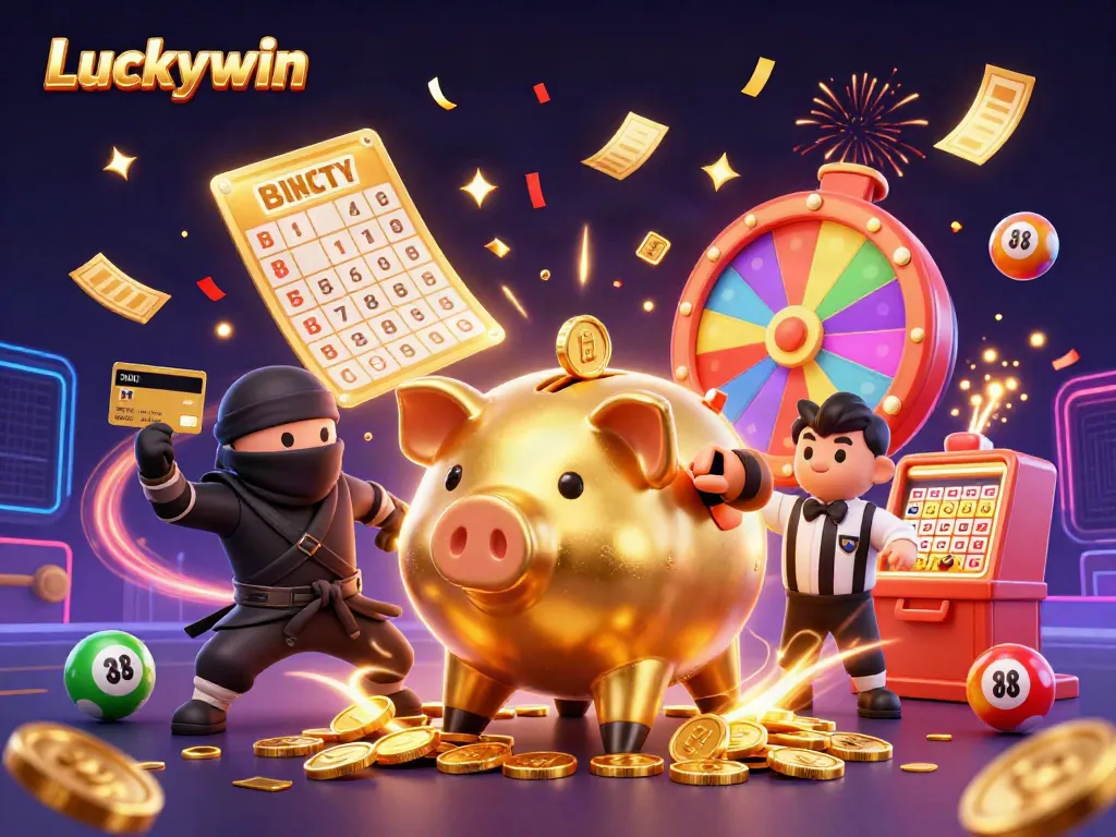 Experience the excitement of Luckywin casino with dynamic games and festive elements in this vibrant scene.