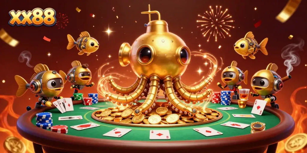Experience the thrilling world of xx88 with a golden kraken submarine amidst exciting poker action.