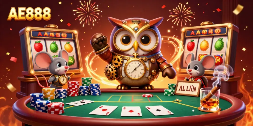 Experience AE888's thrilling casino excitement with a time-traveler owl amidst dynamic gaming elements and vibrant colors.