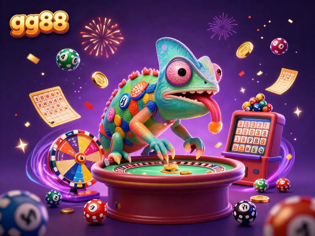Join the excitement at GG88 as the colorful chameleon casino owner captures golden coins amidst a celebratory lottery atmosphere.