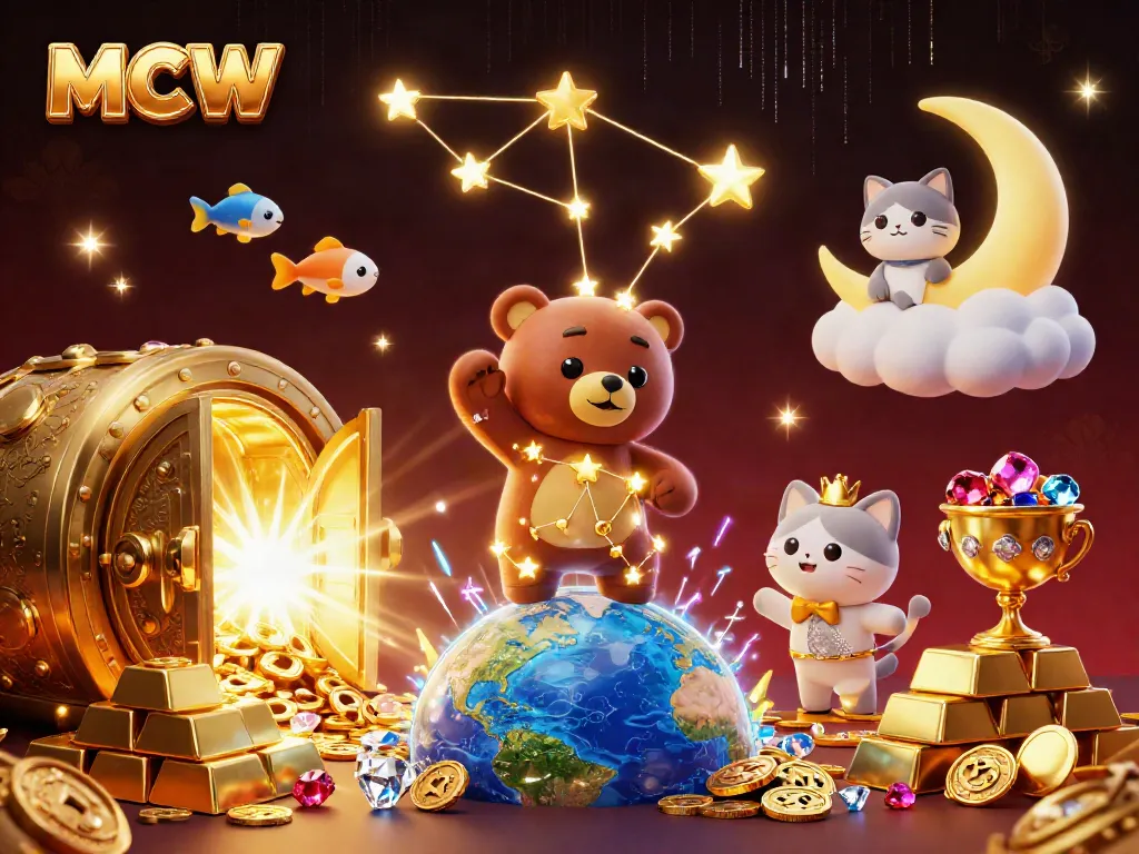 MCW constellation bear scoops coins while surrounded by gold and jewels in a vibrant 3D casino scene.