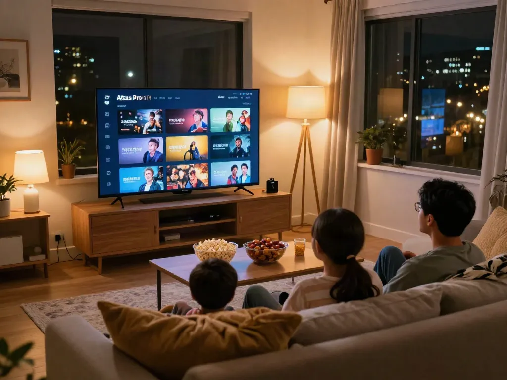 Famille profitant de l'application atlas pro ontv lors d'une soirée cinéma dans un salon chaleureux.