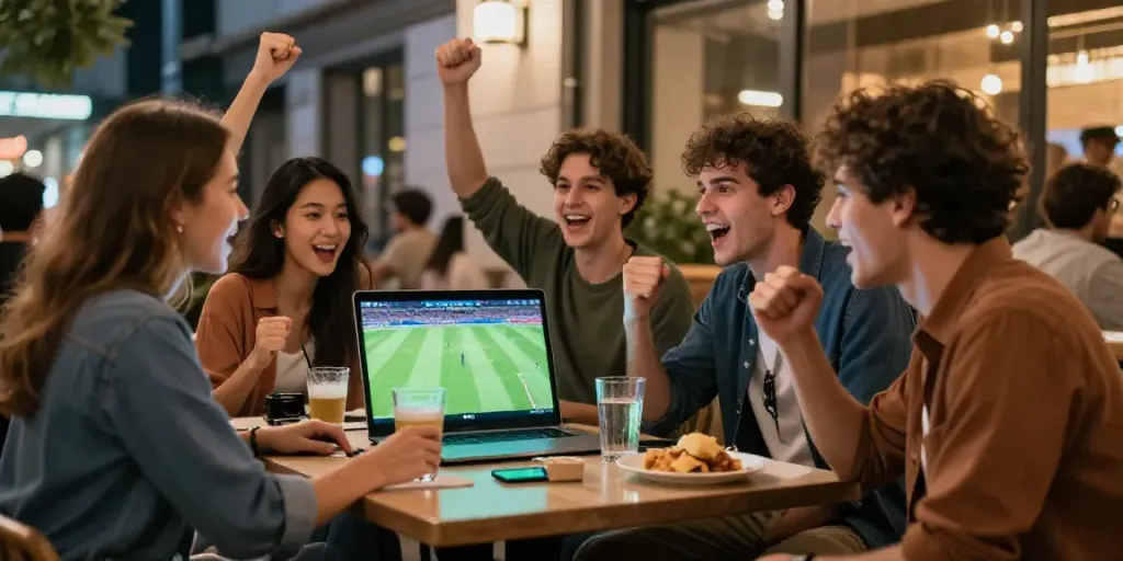 Scène de pari sportif animée avec des amis regardant un match de football, smartphone à la main.